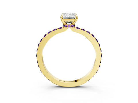Yellow gold Emerald Cut Diamond Pavé Engagement Ring with Round with Amethyst side stone Accents and Prong Setting_3