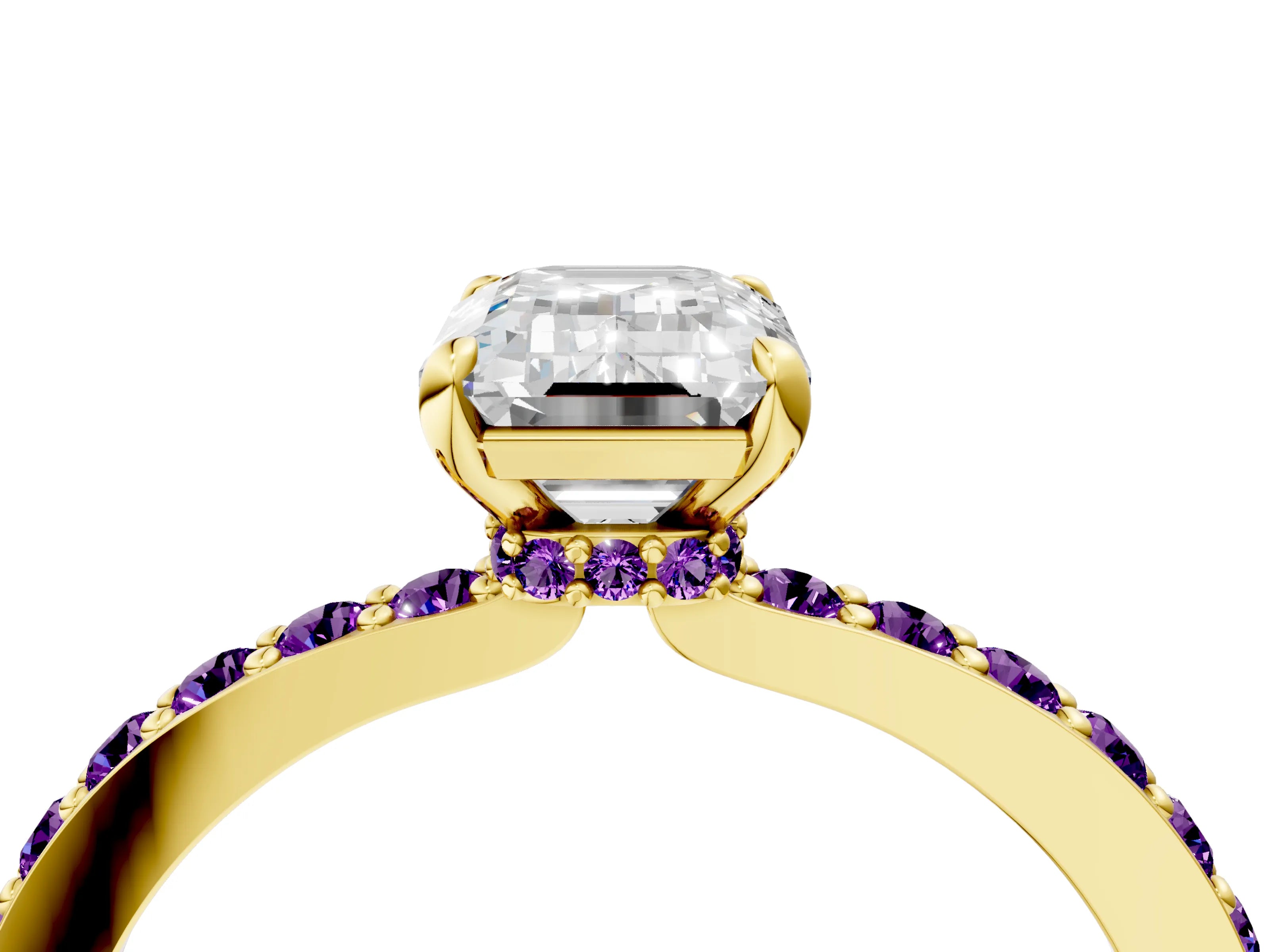 Yellow gold Emerald Cut Diamond Pavé Engagement Ring with Round with Amethyst side stone Accents and Prong Setting_4