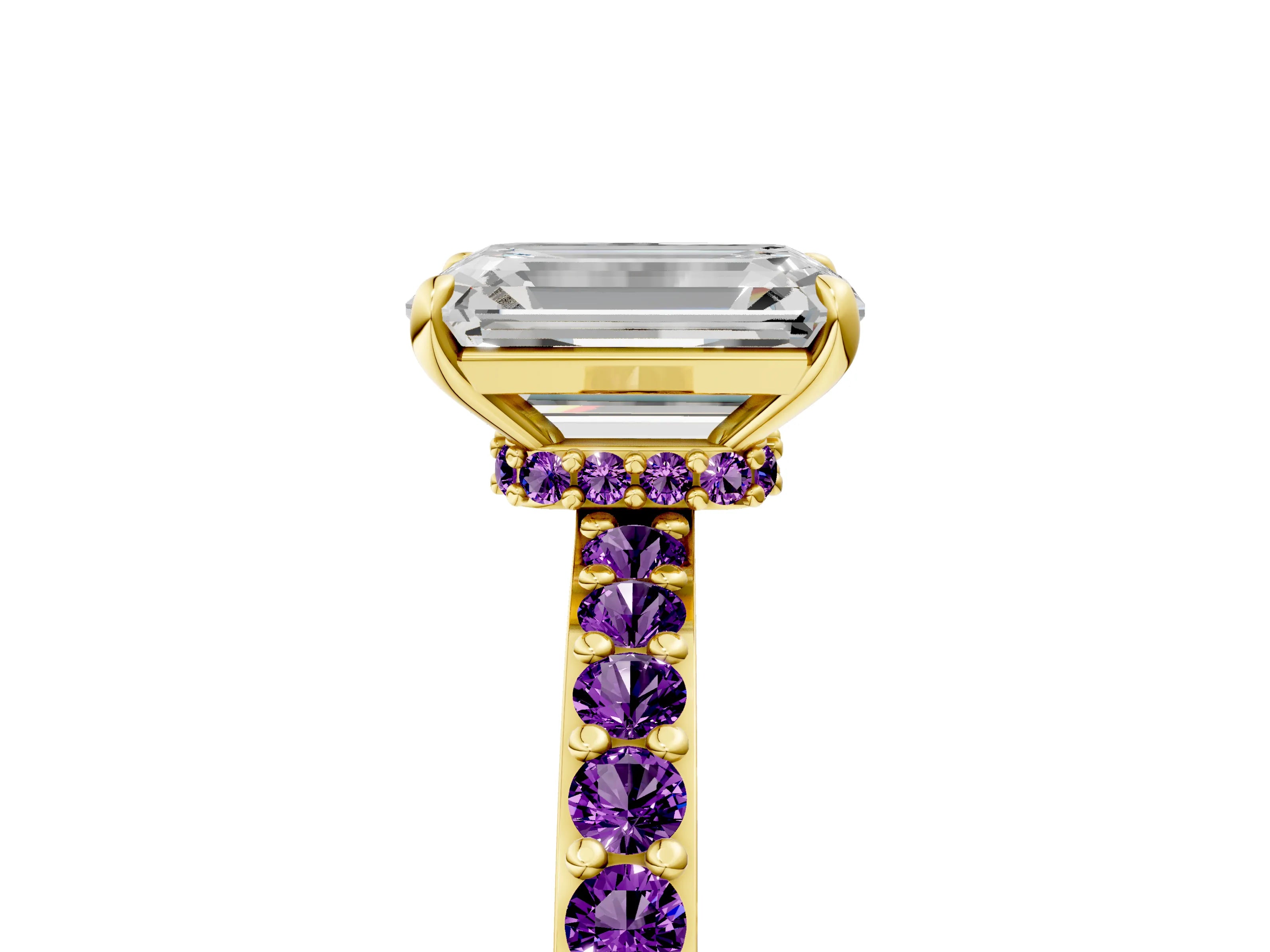 Yellow gold Emerald Cut Diamond Pavé Engagement Ring with Round with Amethyst side stone Accents and Prong Setting_5