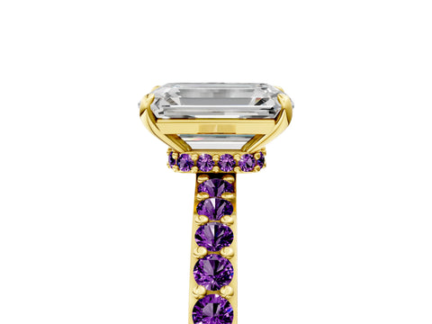 Yellow gold Emerald Cut Diamond Pavé Engagement Ring with Round with Amethyst side stone Accents and Prong Setting_5