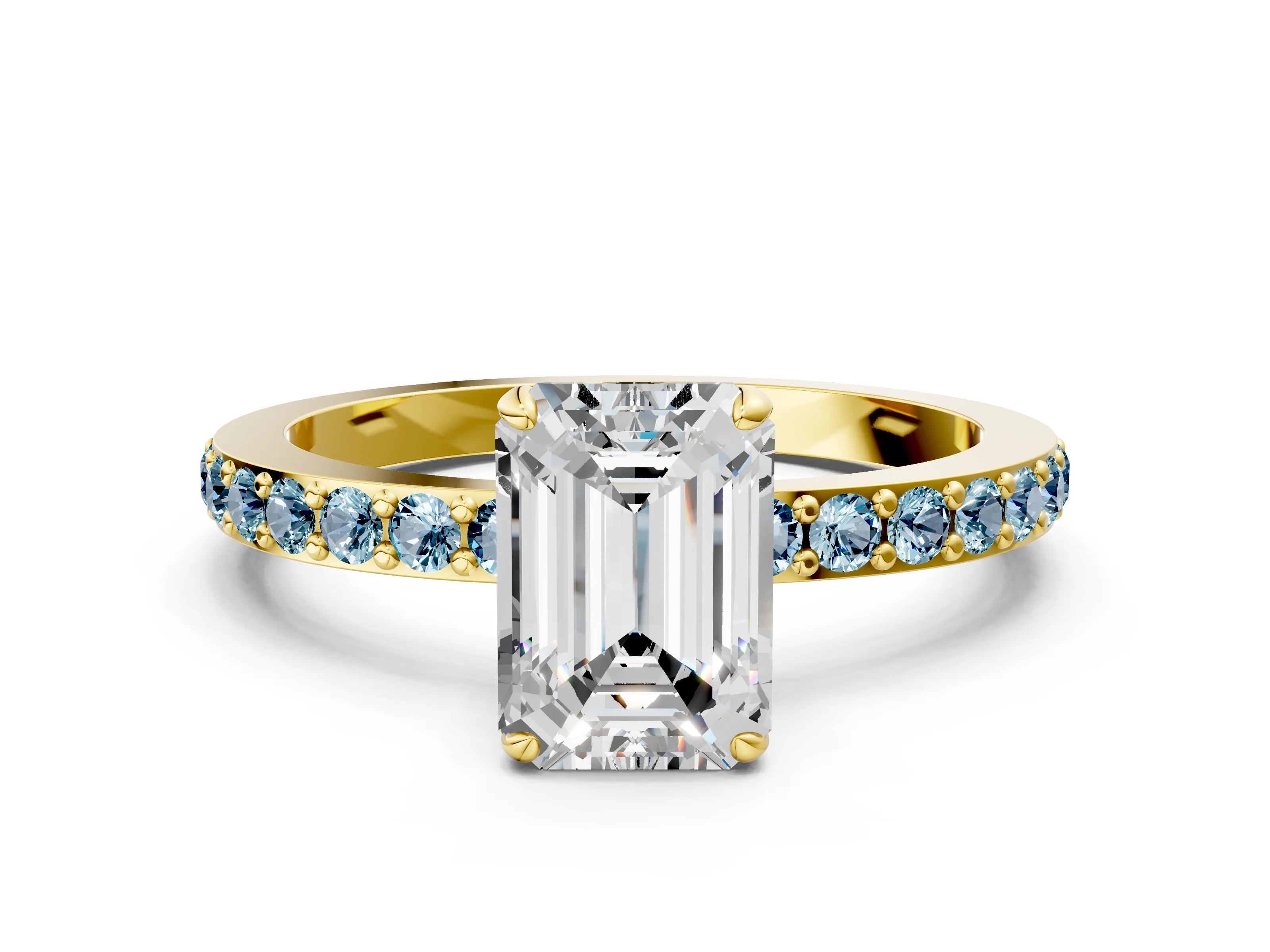 Yellow gold Emerald Cut Diamond Pavé Engagement Ring with Round with Aquamarine side stone Accents and Prong Setting