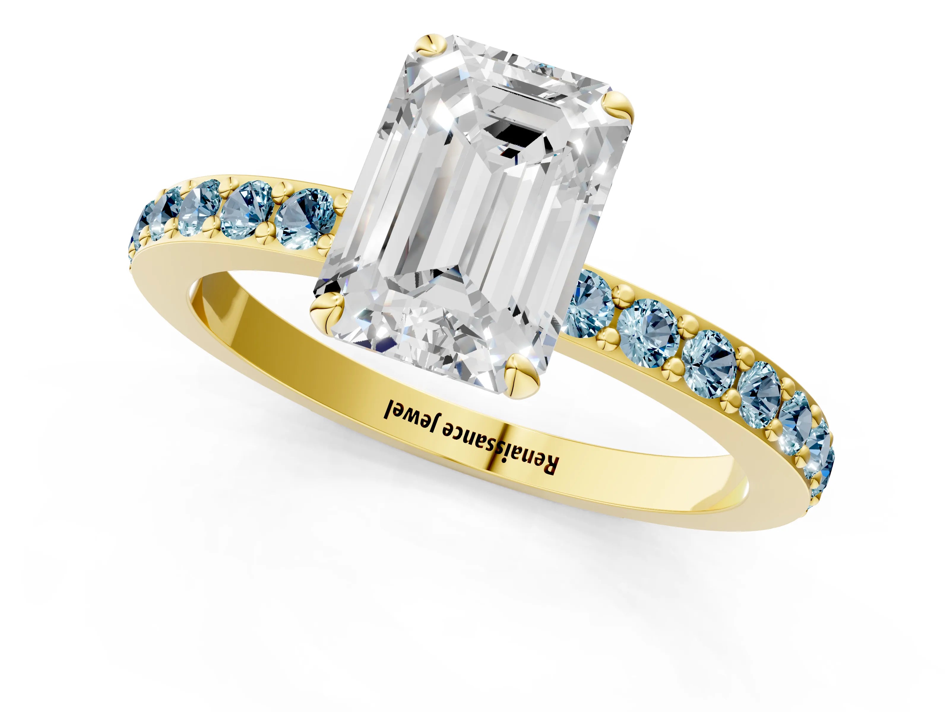 Yellow gold Emerald Cut Diamond Pavé Engagement Ring with Round with Aquamarine side stone Accents and Prong Setting_1