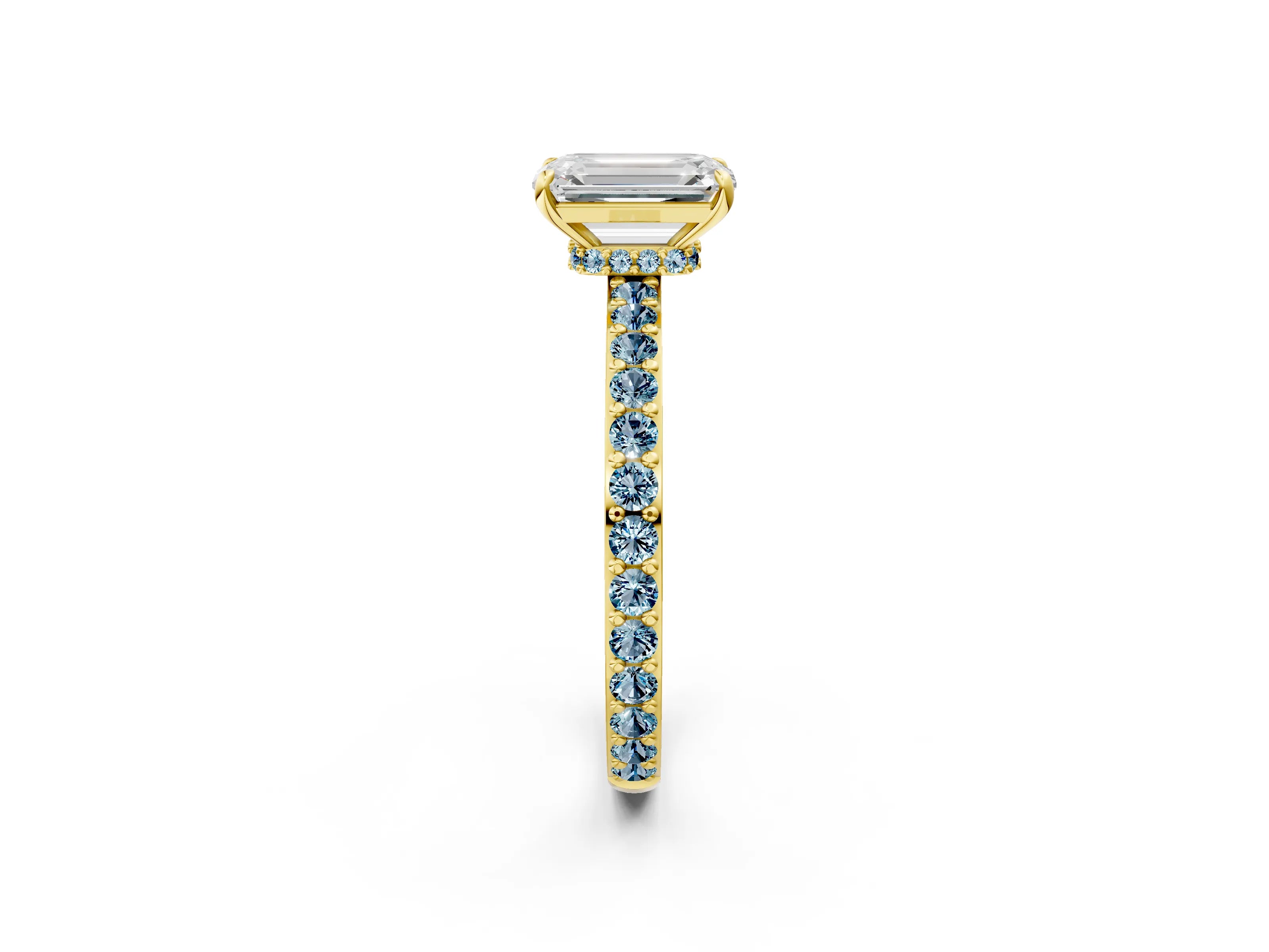 Yellow gold Emerald Cut Diamond Pavé Engagement Ring with Round with Aquamarine side stone Accents and Prong Setting_2