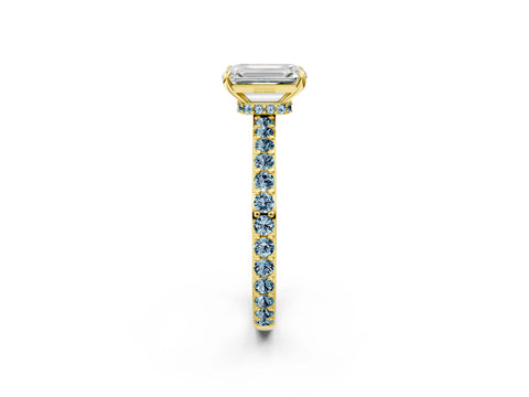 Yellow gold Emerald Cut Diamond Pavé Engagement Ring with Round with Aquamarine side stone Accents and Prong Setting_2