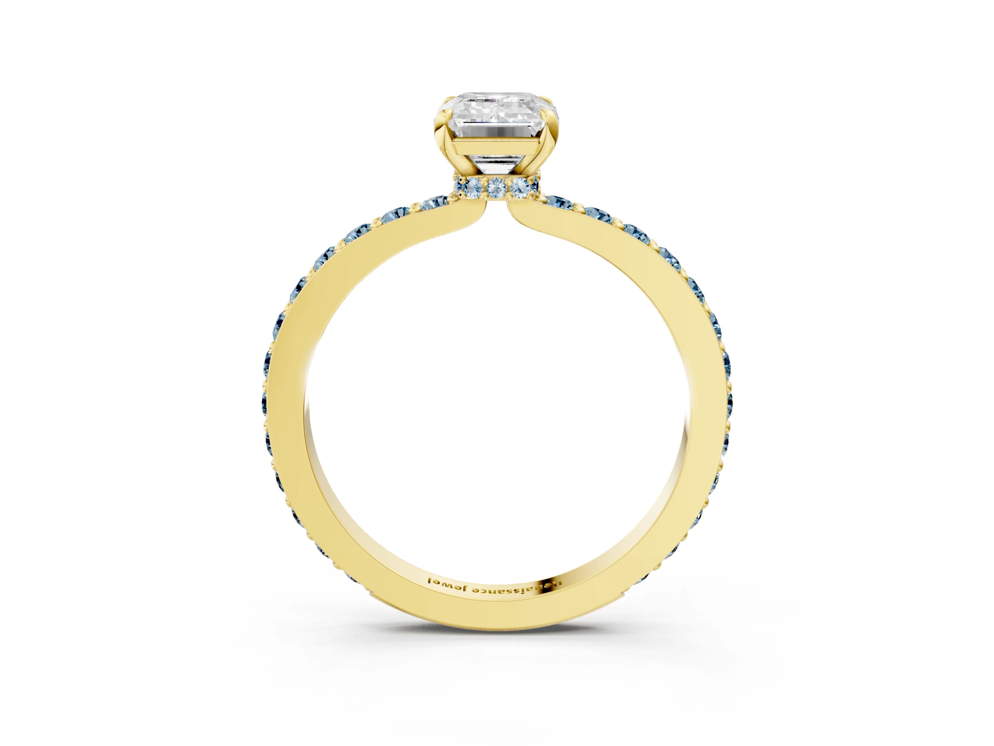 Yellow gold Emerald Cut Diamond Pavé Engagement Ring with Round with Aquamarine side stone Accents and Prong Setting_3