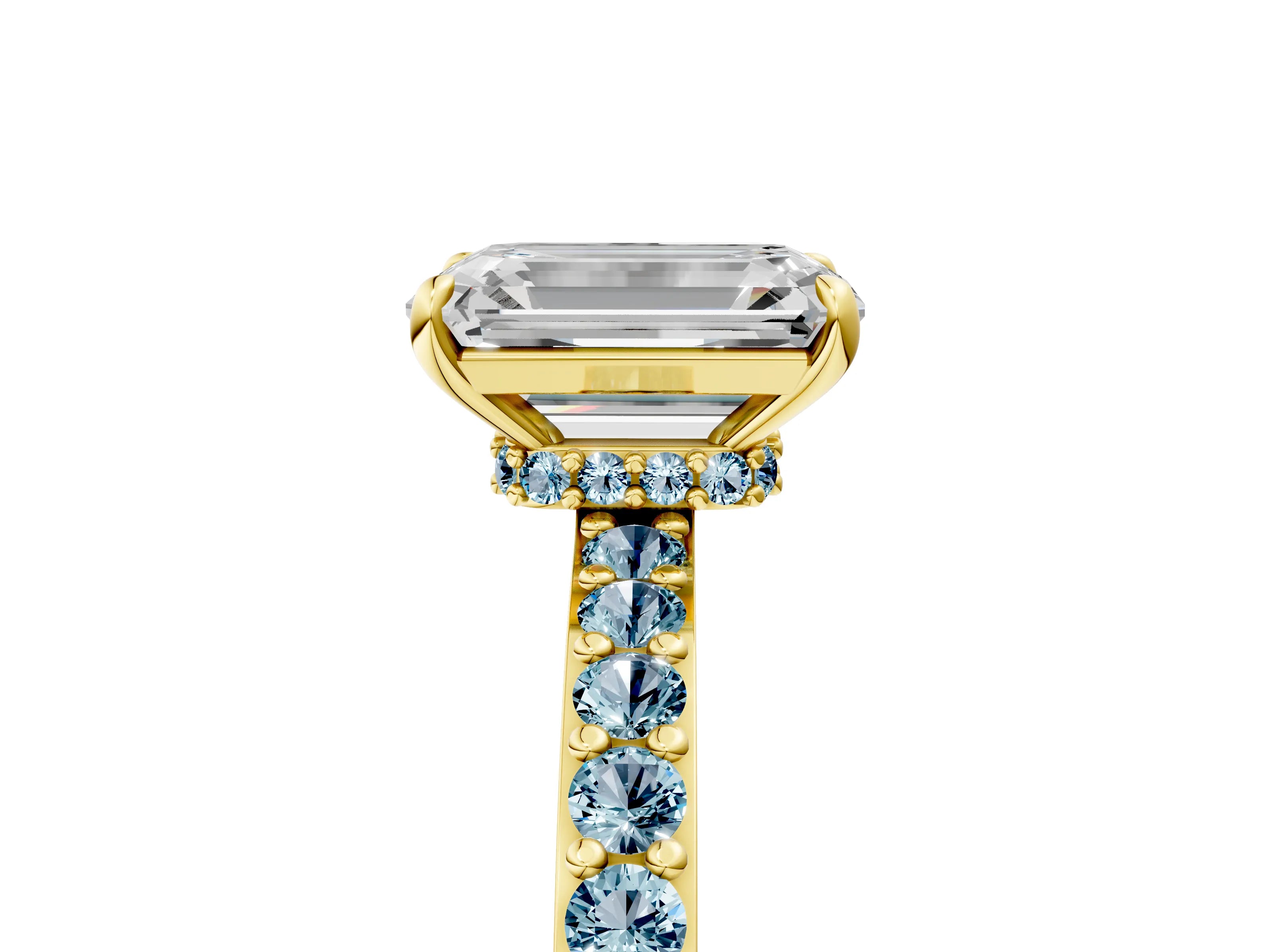 Yellow gold Emerald Cut Diamond Pavé Engagement Ring with Round with Aquamarine side stone Accents and Prong Setting_5