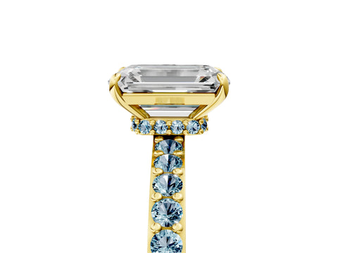 Yellow gold Emerald Cut Diamond Pavé Engagement Ring with Round with Aquamarine side stone Accents and Prong Setting_5