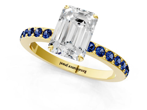 Yellow gold Emerald Cut Diamond Pavé Engagement Ring with Round with Blue Sapphire side stone Accents and Prong Setting_1