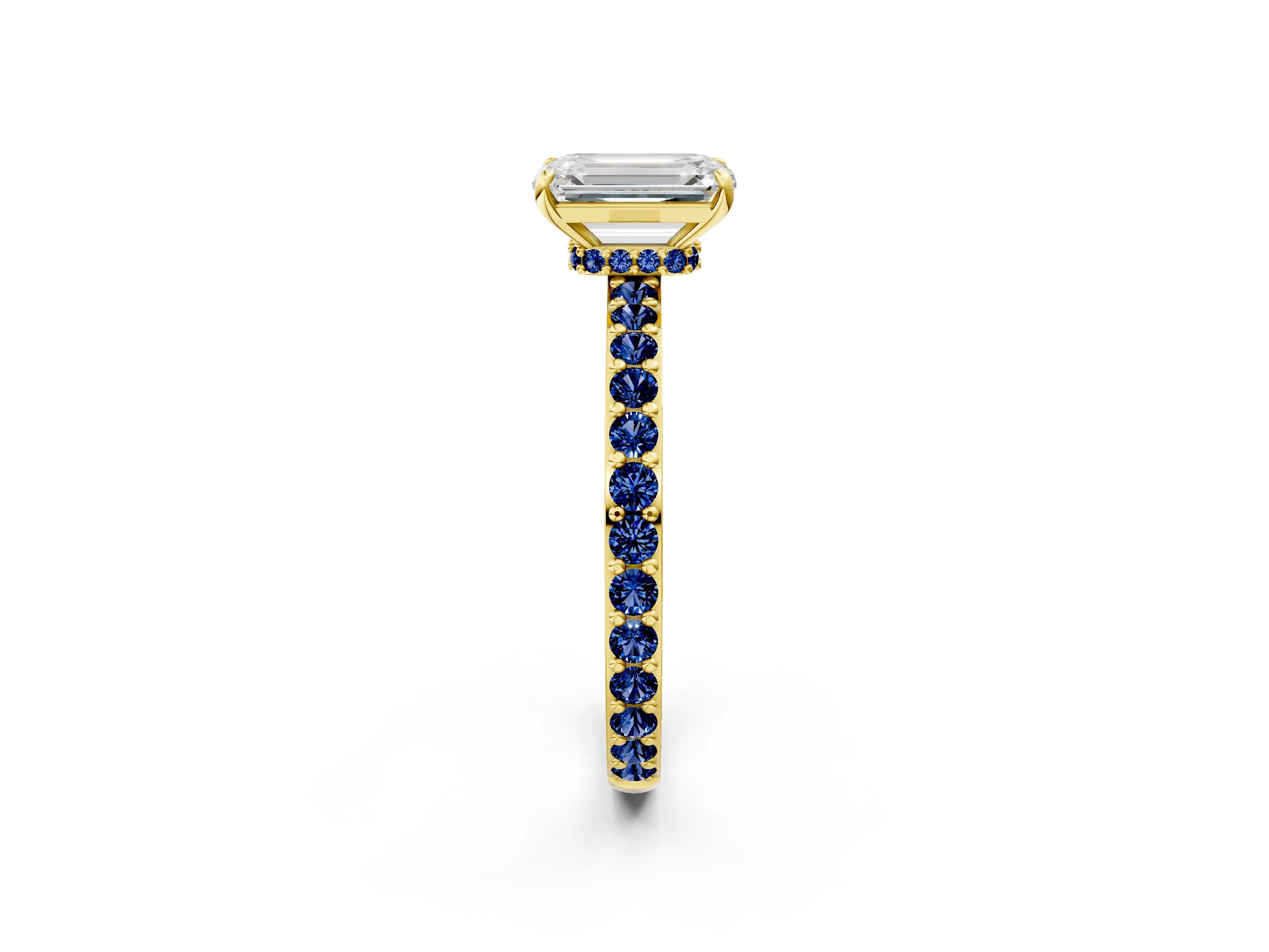 Yellow gold Emerald Cut Diamond Pavé Engagement Ring with Round with Blue Sapphire side stone Accents and Prong Setting_2