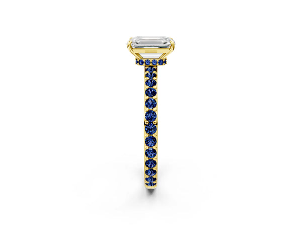 Yellow Gold Emerald Cut Hidden Halo Engagement Ring Setting with Lab-Grown Blue Sapphire Pave Band