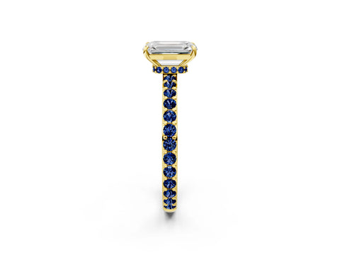 Yellow gold Emerald Cut Diamond Pavé Engagement Ring with Round with Blue Sapphire side stone Accents and Prong Setting_2