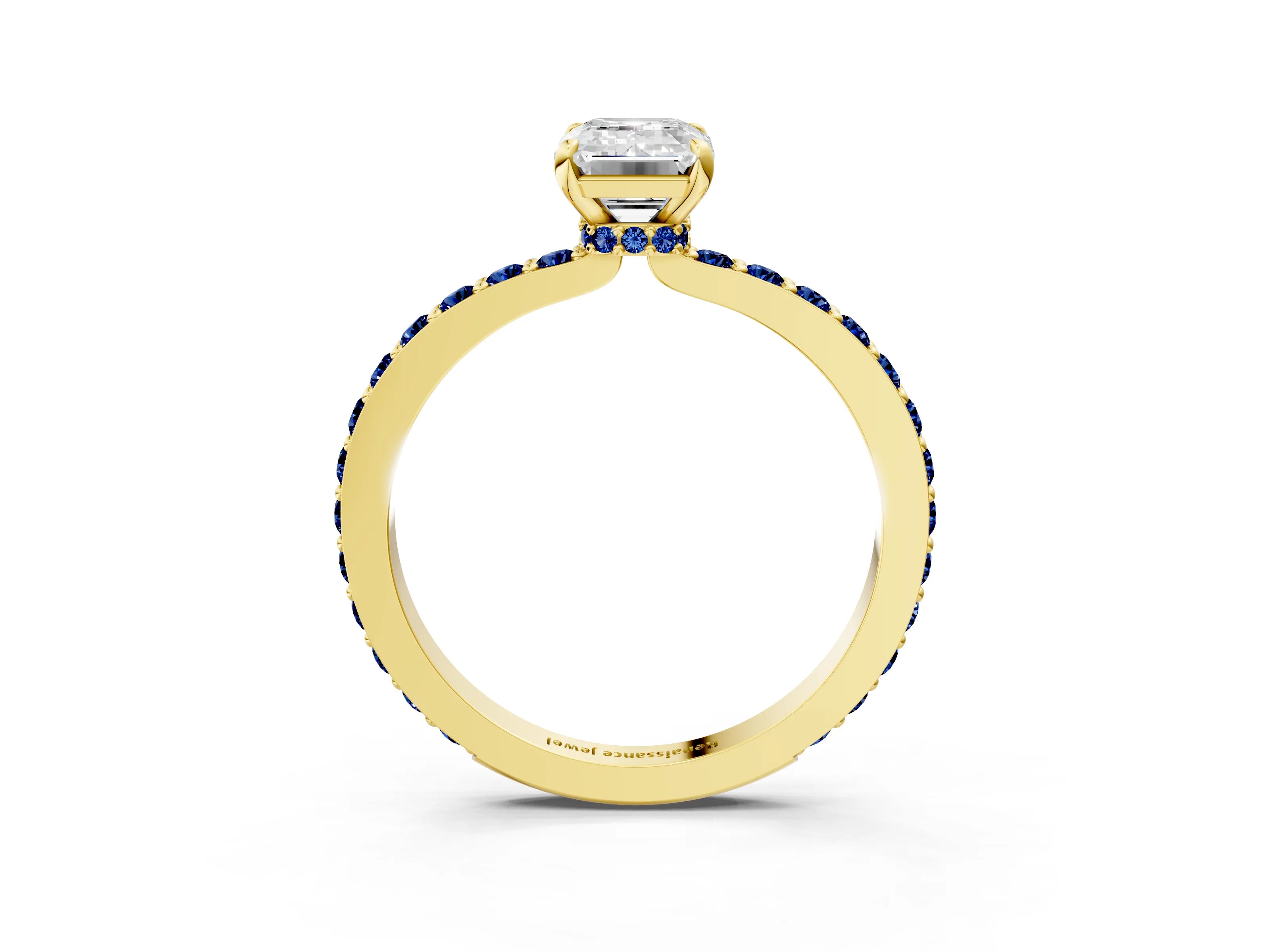 Yellow gold Emerald Cut Diamond Pavé Engagement Ring with Round with Blue Sapphire side stone Accents and Prong Setting_3
