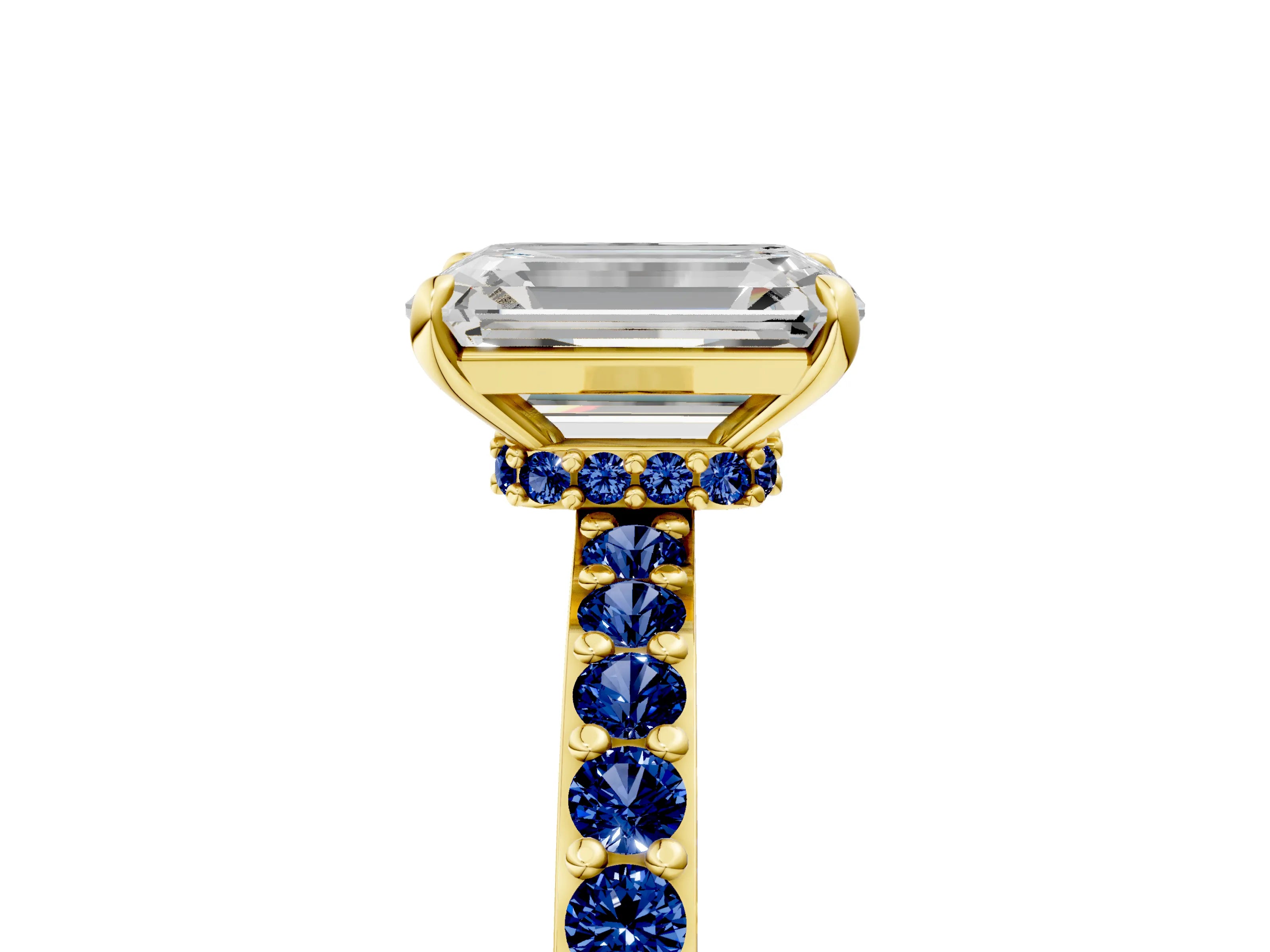 Yellow gold Emerald Cut Diamond Pavé Engagement Ring with Round with Blue Sapphire side stone Accents and Prong Setting_5