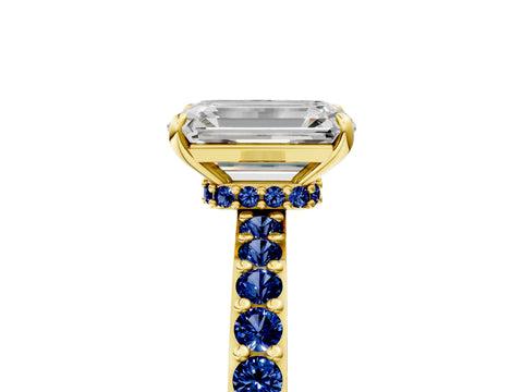 Yellow gold Emerald Cut Diamond Pavé Engagement Ring with Round with Blue Sapphire side stone Accents and Prong Setting_5