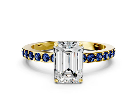 Yellow gold Emerald Cut Diamond Pavé Engagement Ring with Round with Blue Sapphire side stone Accents and Prong Setting