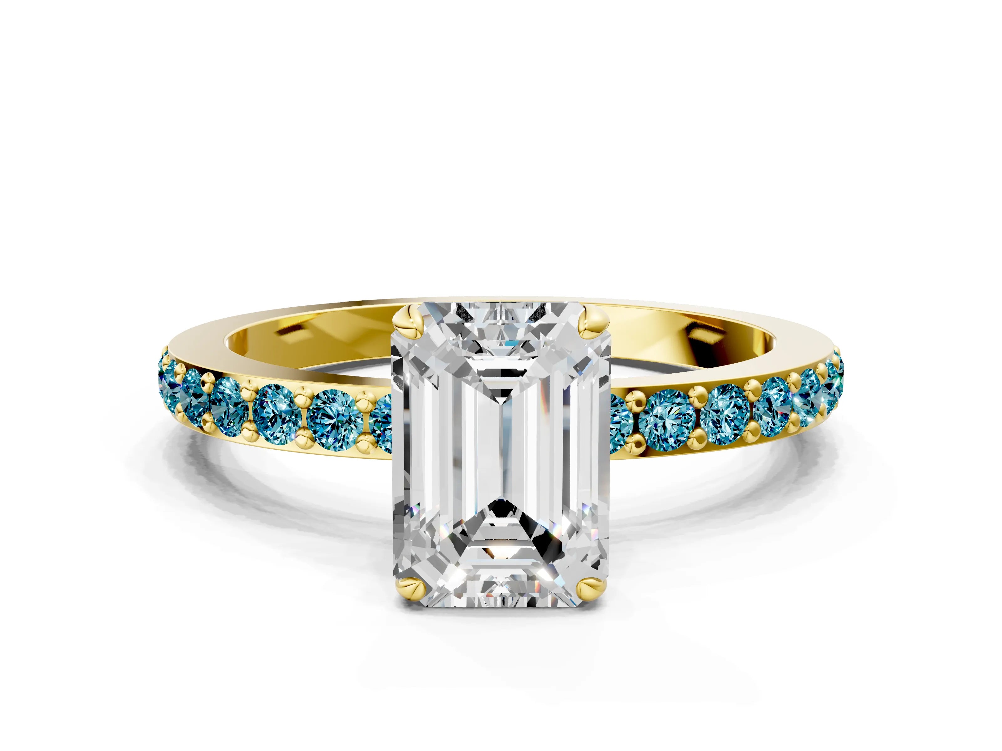 Yellow gold Emerald Cut Diamond Pavé Engagement Ring with Round with Blue Topaz side stone Accents and Prong Setting