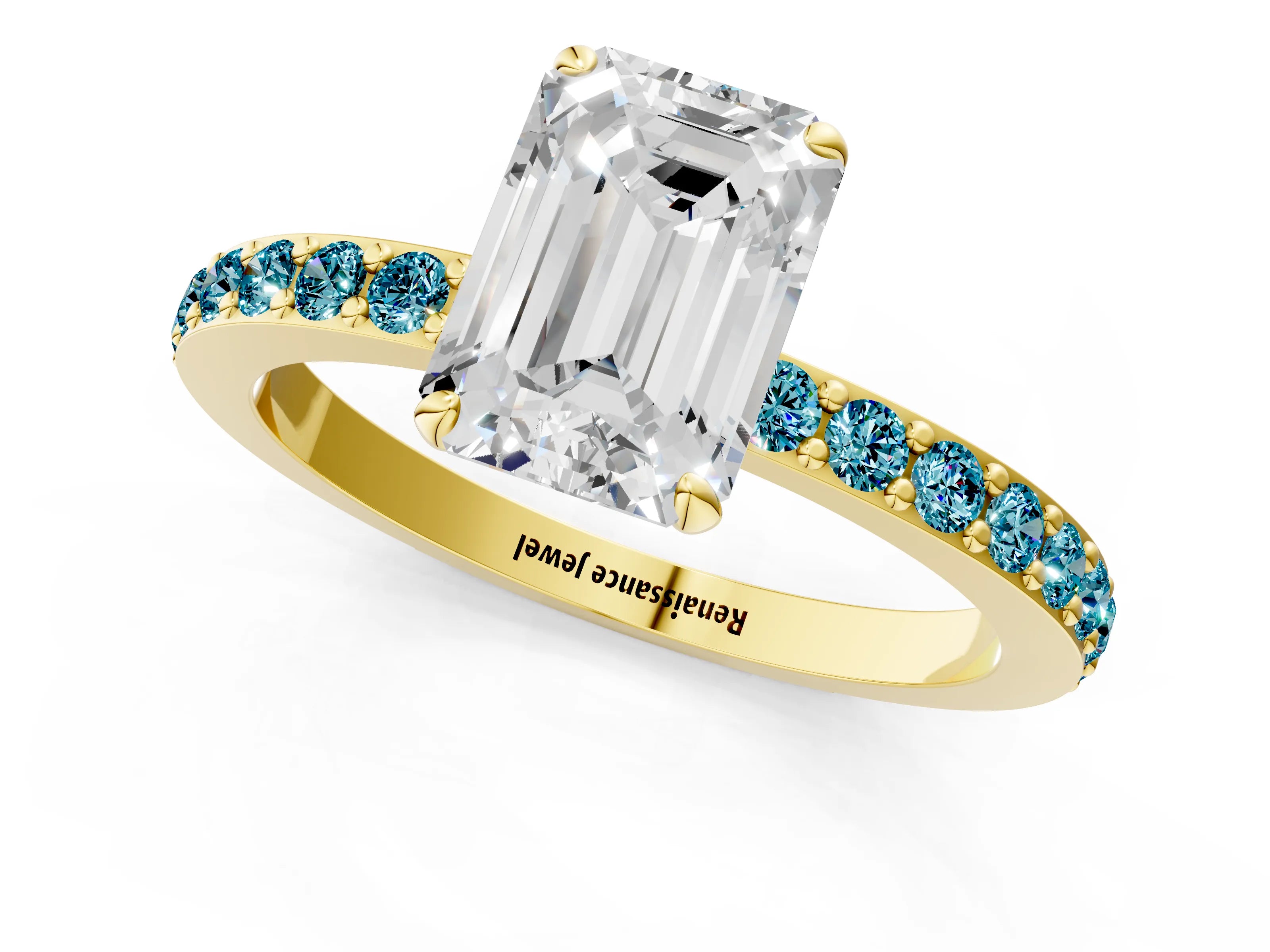 Yellow gold Emerald Cut Diamond Pavé Engagement Ring with Round with Blue Topaz side stone Accents and Prong Setting_1
