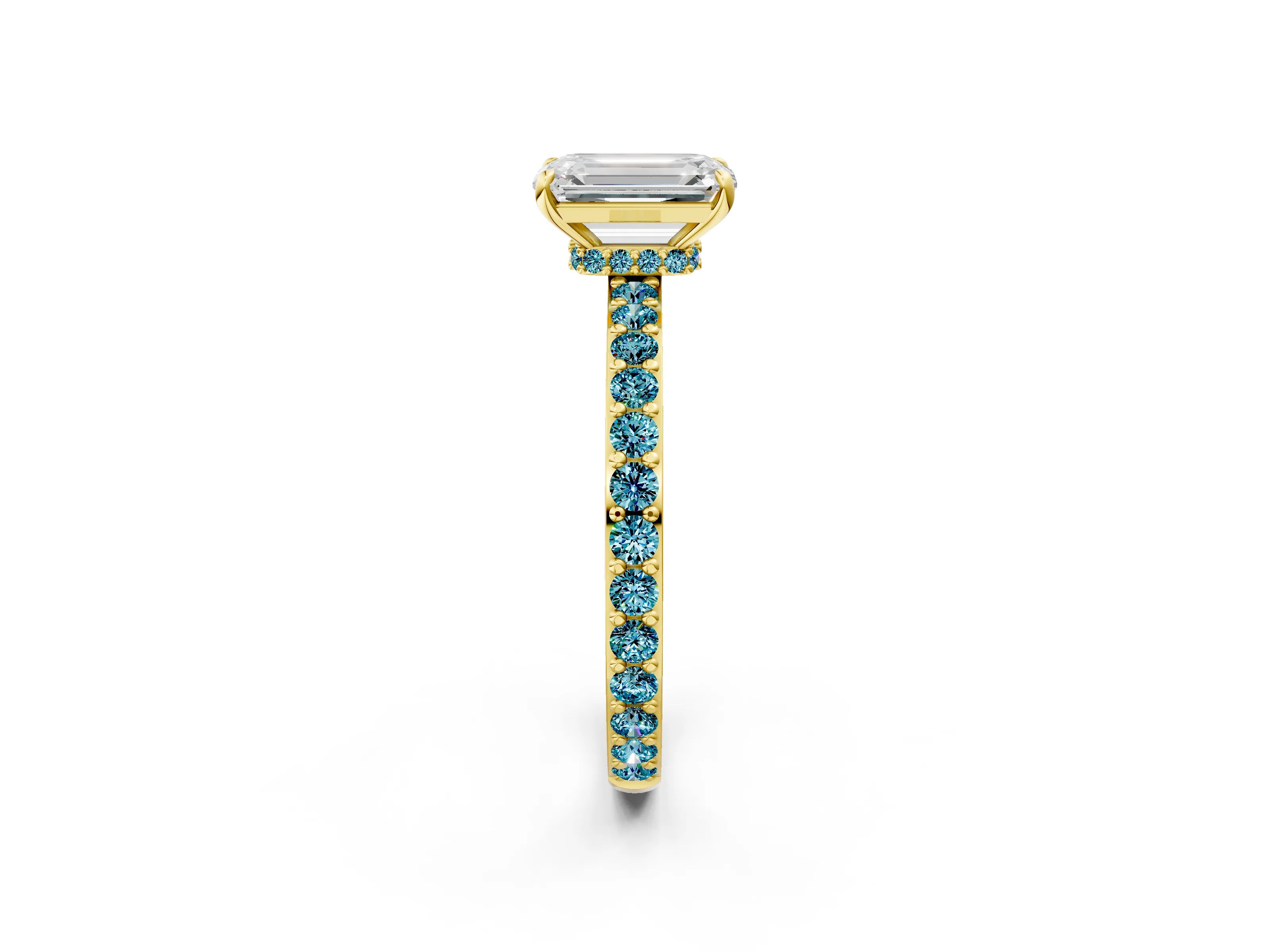Yellow gold Emerald Cut Diamond Pavé Engagement Ring with Round with Blue Topaz side stone Accents and Prong Setting_2