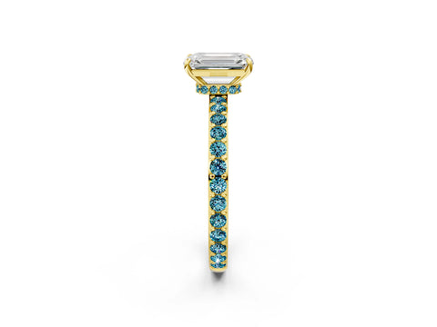 Yellow gold Emerald Cut Diamond Pavé Engagement Ring with Round with Blue Topaz side stone Accents and Prong Setting_2