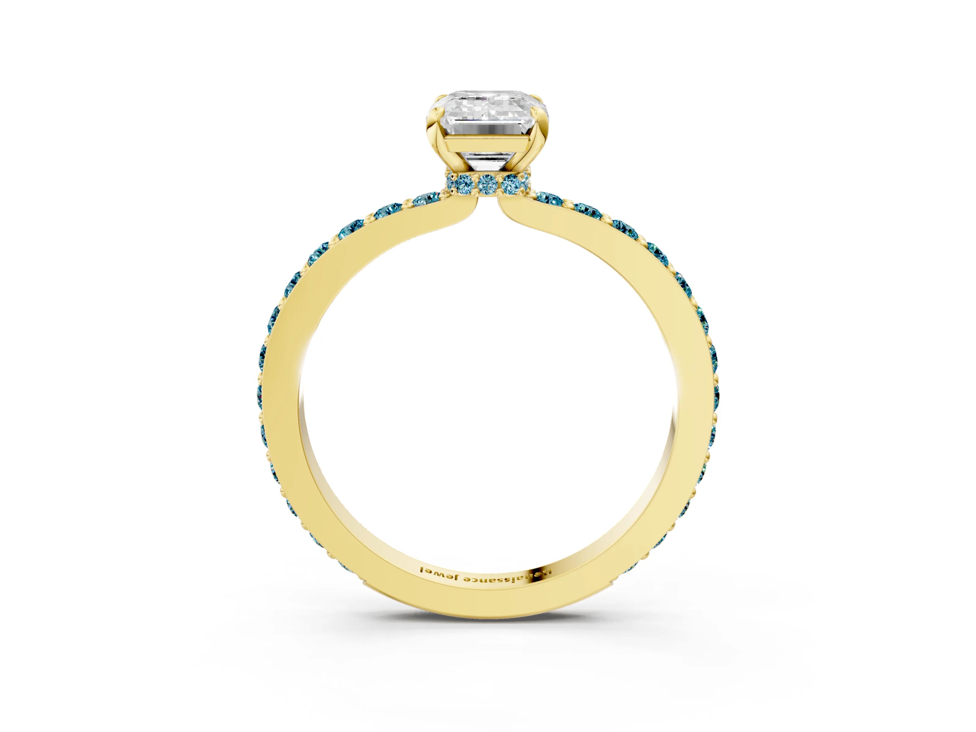 Yellow gold Emerald Cut Diamond Pavé Engagement Ring with Round with Blue Topaz side stone Accents and Prong Setting_3