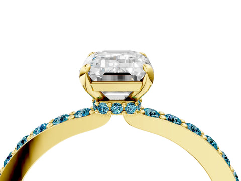 Yellow gold Emerald Cut Diamond Pavé Engagement Ring with Round with Blue Topaz side stone Accents and Prong Setting_4