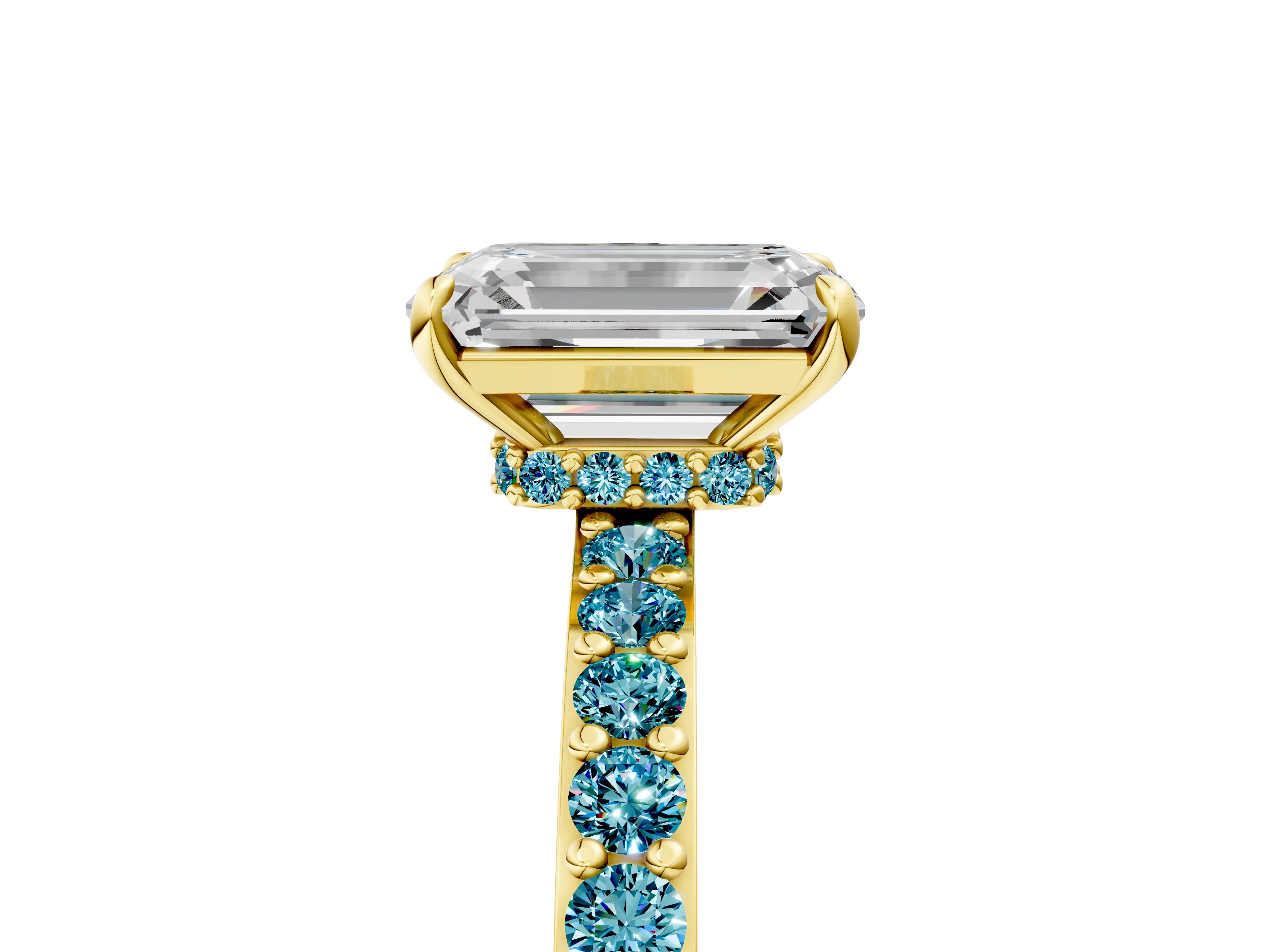 Yellow gold Emerald Cut Diamond Pavé Engagement Ring with Round with Blue Topaz side stone Accents and Prong Setting_5