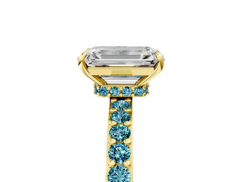 Yellow gold Emerald Cut Diamond Pavé Engagement Ring with Round with Blue Topaz side stone Accents and Prong Setting_5