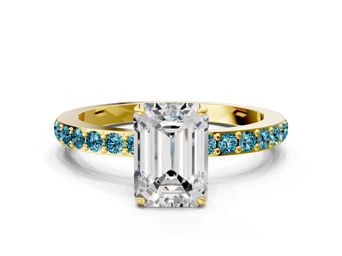 Yellow gold Emerald Cut Diamond Pavé Engagement Ring with Round with Blue Topaz side stone Accents and Prong Setting