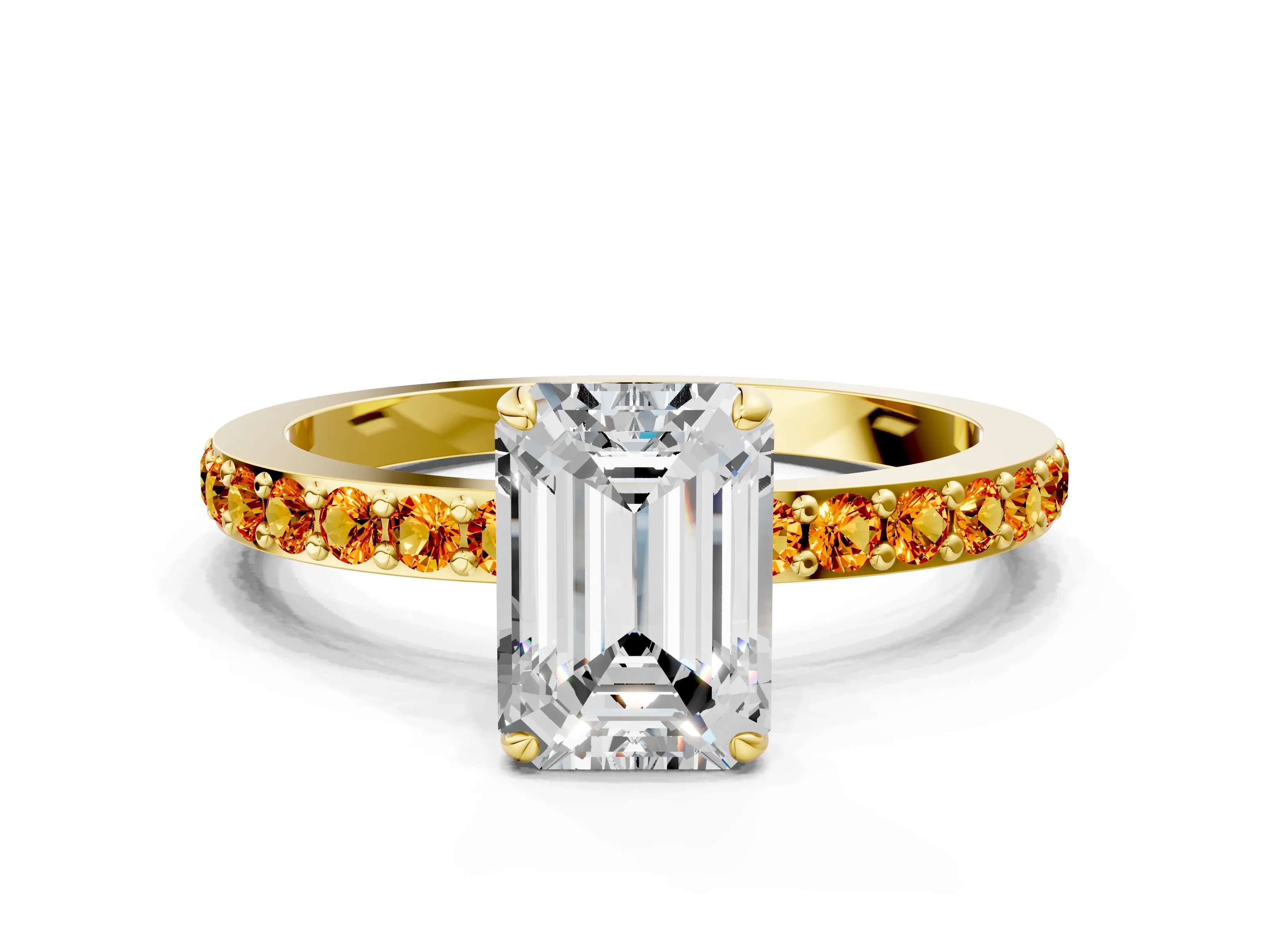 Yellow gold Emerald Cut Diamond Pavé Engagement Ring with Round with Citrine side stone Accents and Prong Setting