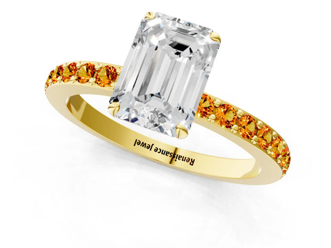 Yellow gold Emerald Cut Diamond Pavé Engagement Ring with Round with Citrine side stone Accents and Prong Setting_1