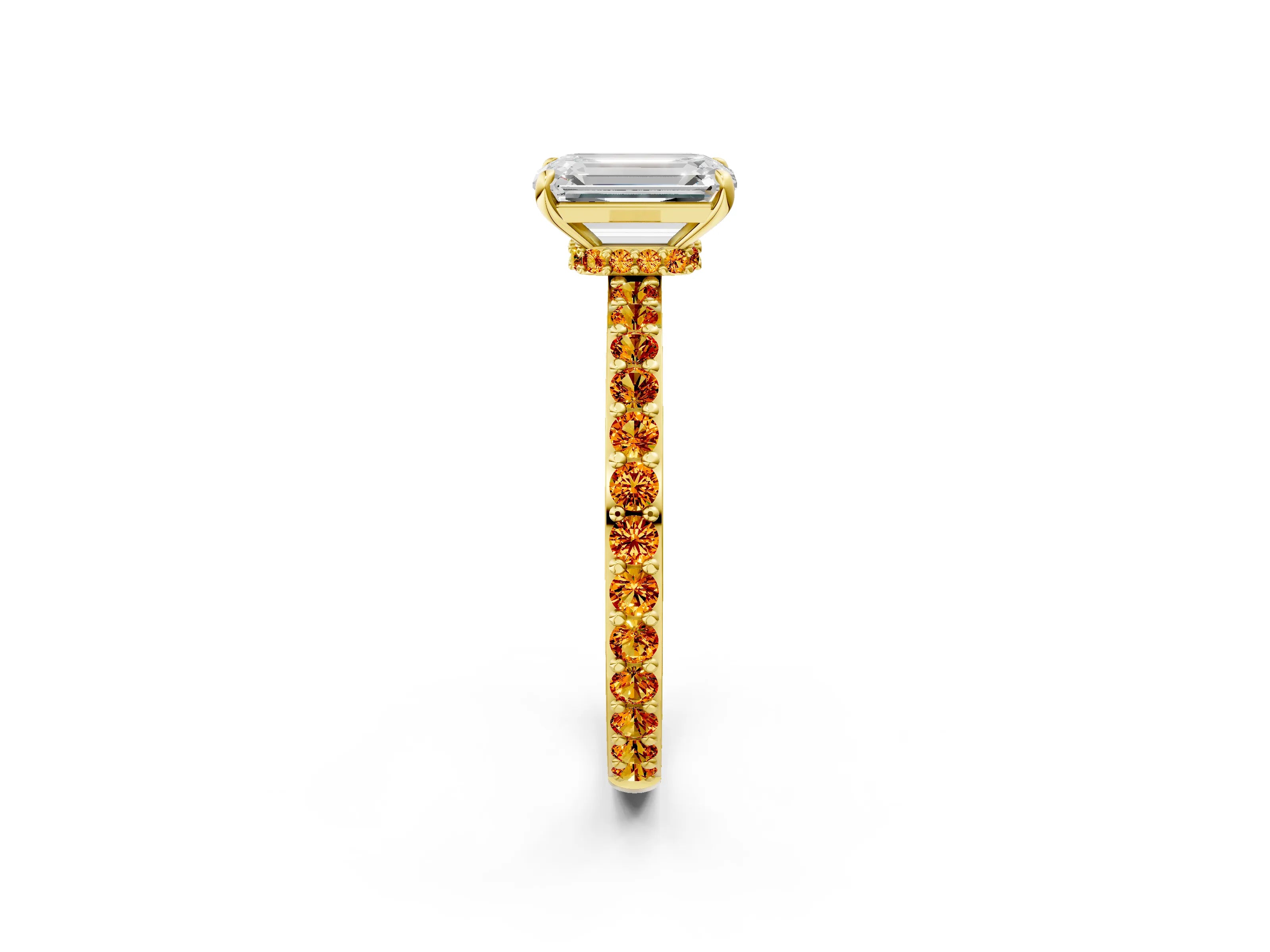 Yellow gold Emerald Cut Diamond Pavé Engagement Ring with Round with Citrine side stone Accents and Prong Setting_2