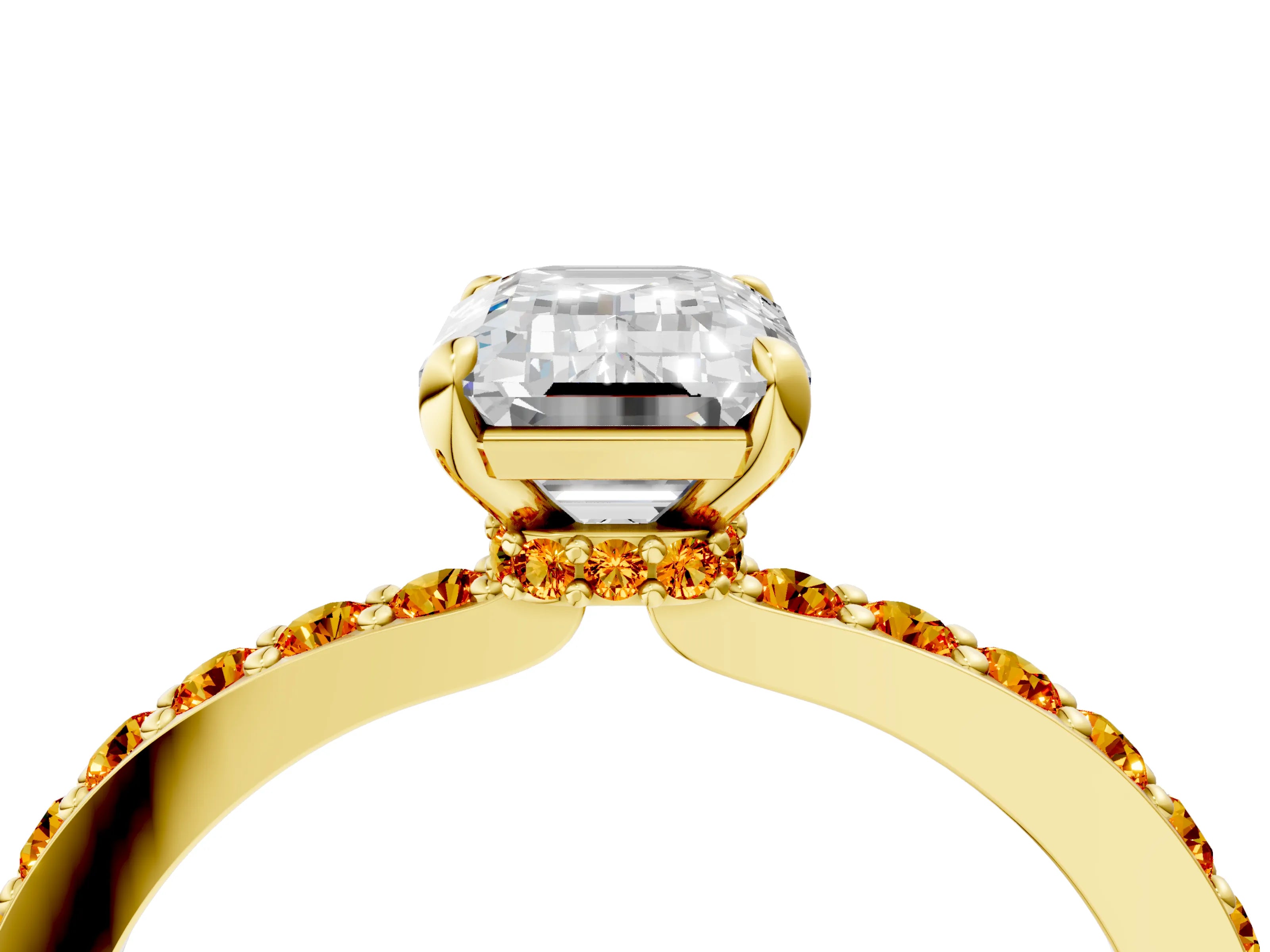 Yellow gold Emerald Cut Diamond Pavé Engagement Ring with Round with Citrine side stone Accents and Prong Setting_4