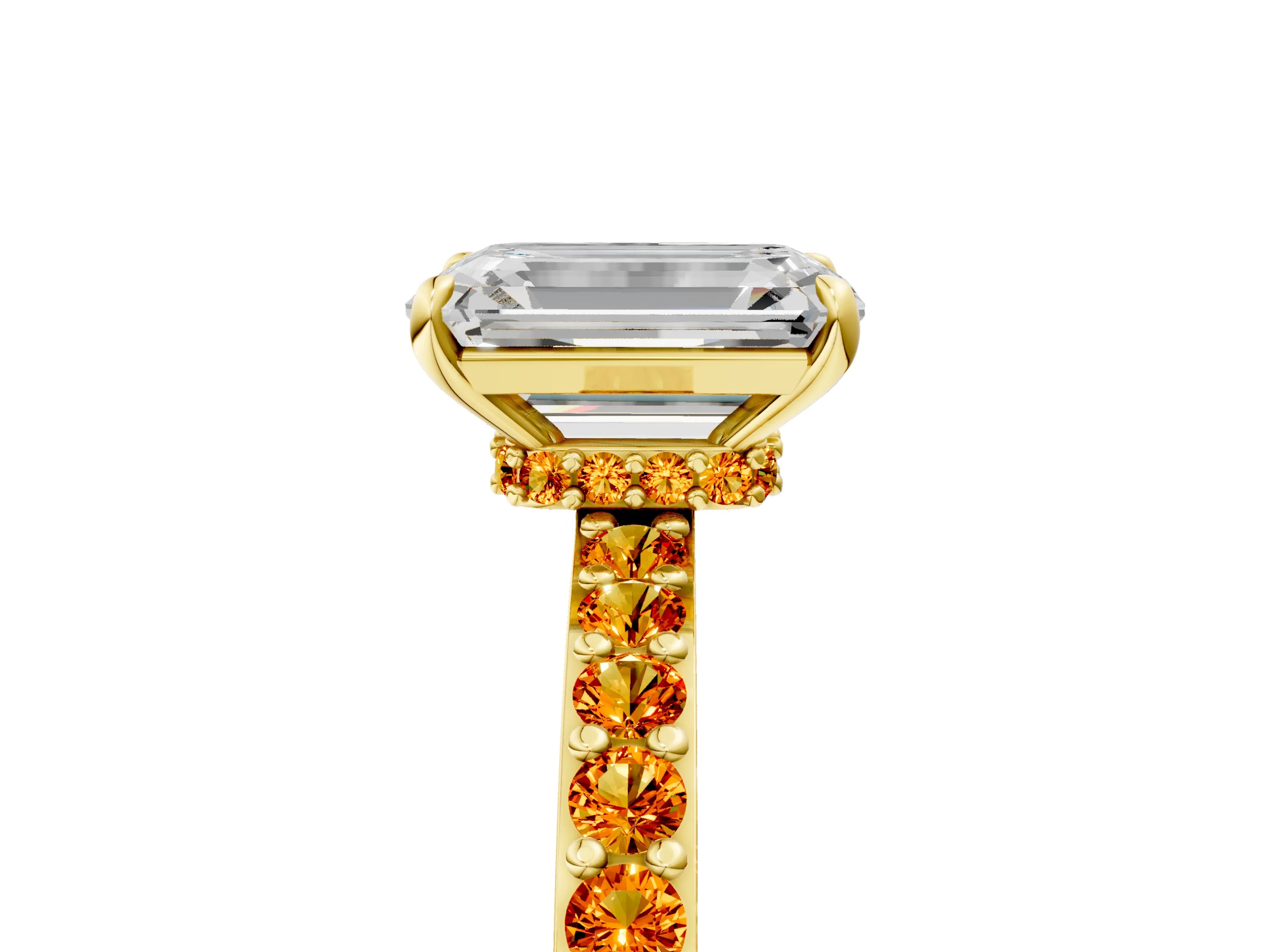 Yellow gold Emerald Cut Diamond Pavé Engagement Ring with Round with Citrine side stone Accents and Prong Setting_5
