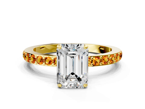 Yellow gold Emerald Cut Diamond Pavé Engagement Ring with Round with Citrine side stone Accents and Prong Setting