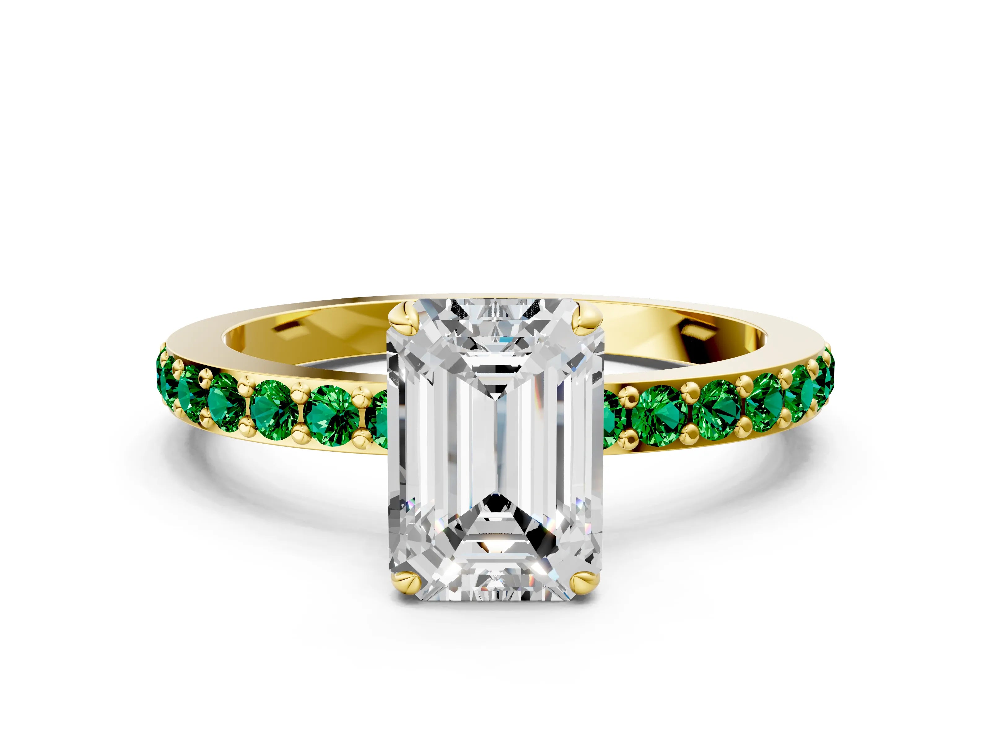 Yellow gold Emerald Cut Diamond Pavé Engagement Ring with Round with Emerald side stone Accents and Prong Setting