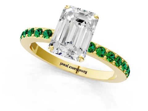 Yellow gold Emerald Cut Diamond Pavé Engagement Ring with Round with Emerald side stone Accents and Prong Setting_1