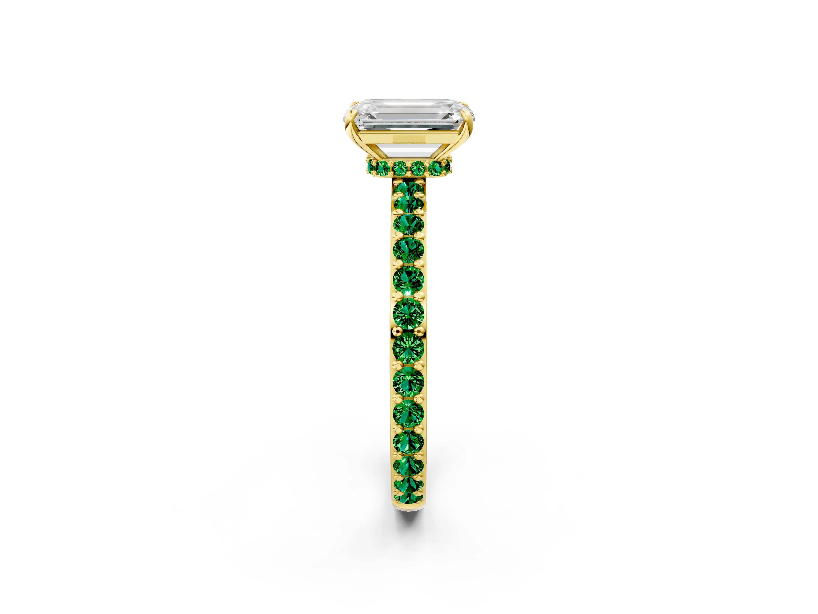 Yellow gold Emerald Cut Diamond Pavé Engagement Ring with Round with Emerald side stone Accents and Prong Setting_2