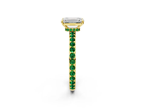Yellow gold Emerald Cut Diamond Pavé Engagement Ring with Round with Emerald side stone Accents and Prong Setting_2