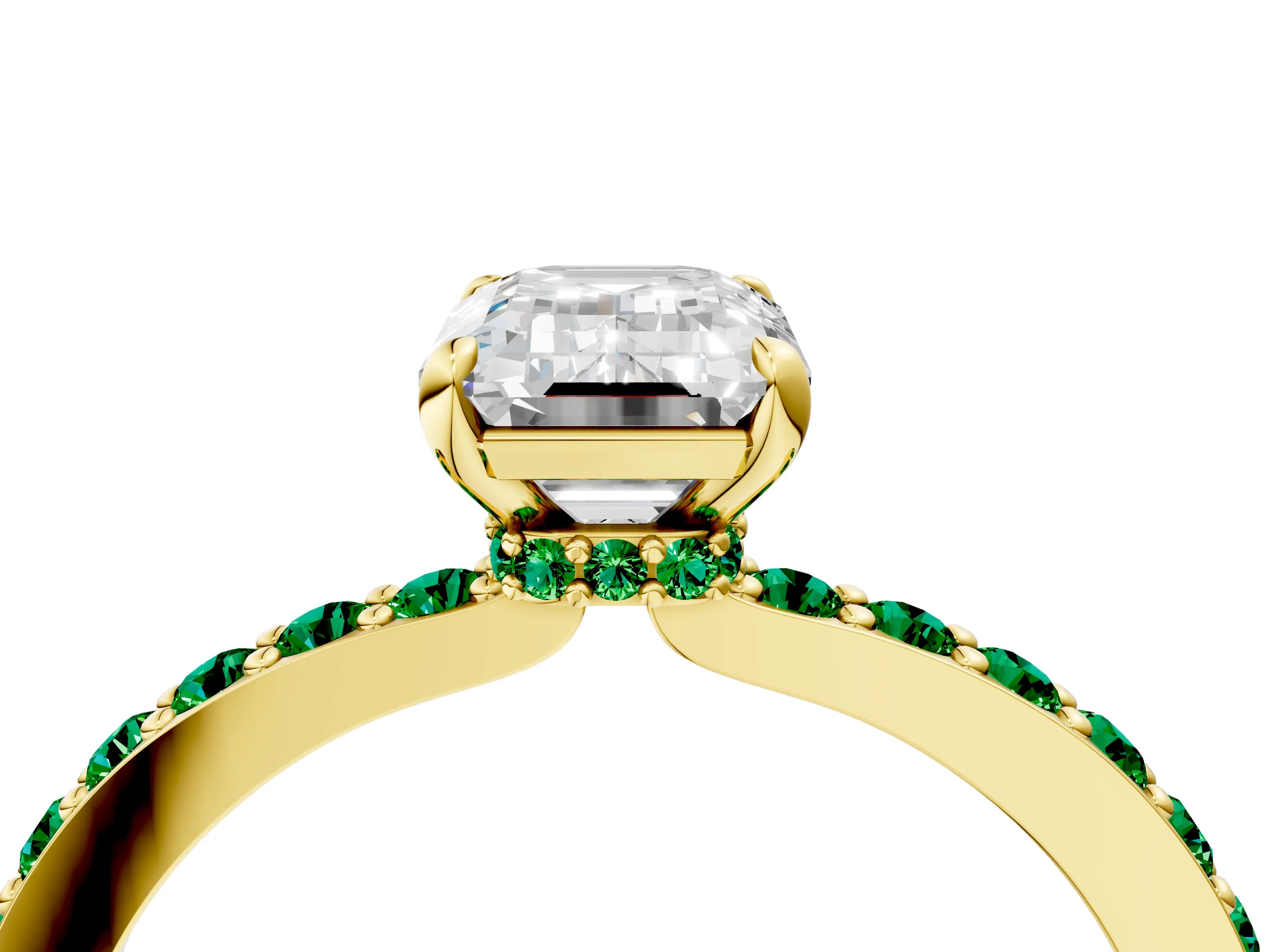 Yellow gold Emerald Cut Diamond Pavé Engagement Ring with Round with Emerald side stone Accents and Prong Setting_4