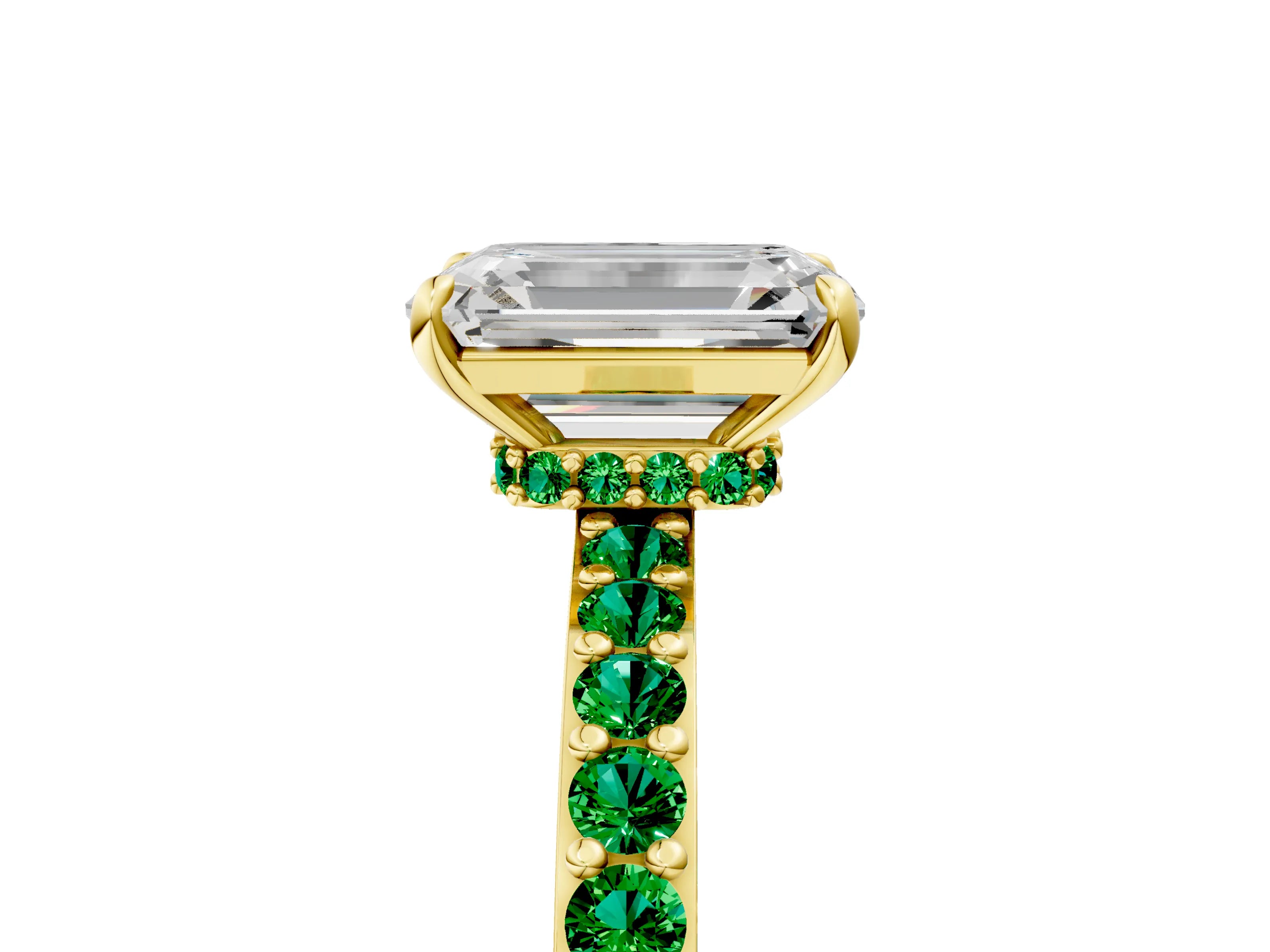 Yellow gold Emerald Cut Diamond Pavé Engagement Ring with Round with Emerald side stone Accents and Prong Setting_5