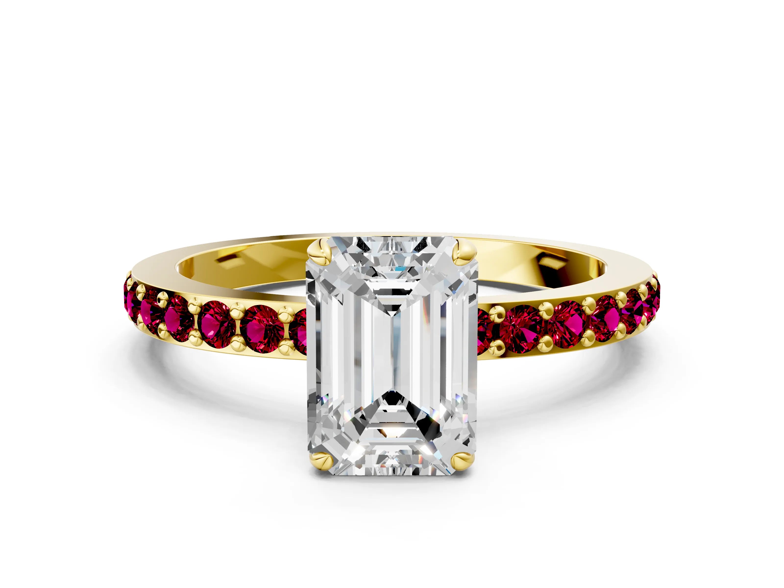 Yellow gold Emerald Cut Diamond Pavé Engagement Ring with Round with Garnet side stone Accents and Prong Setting