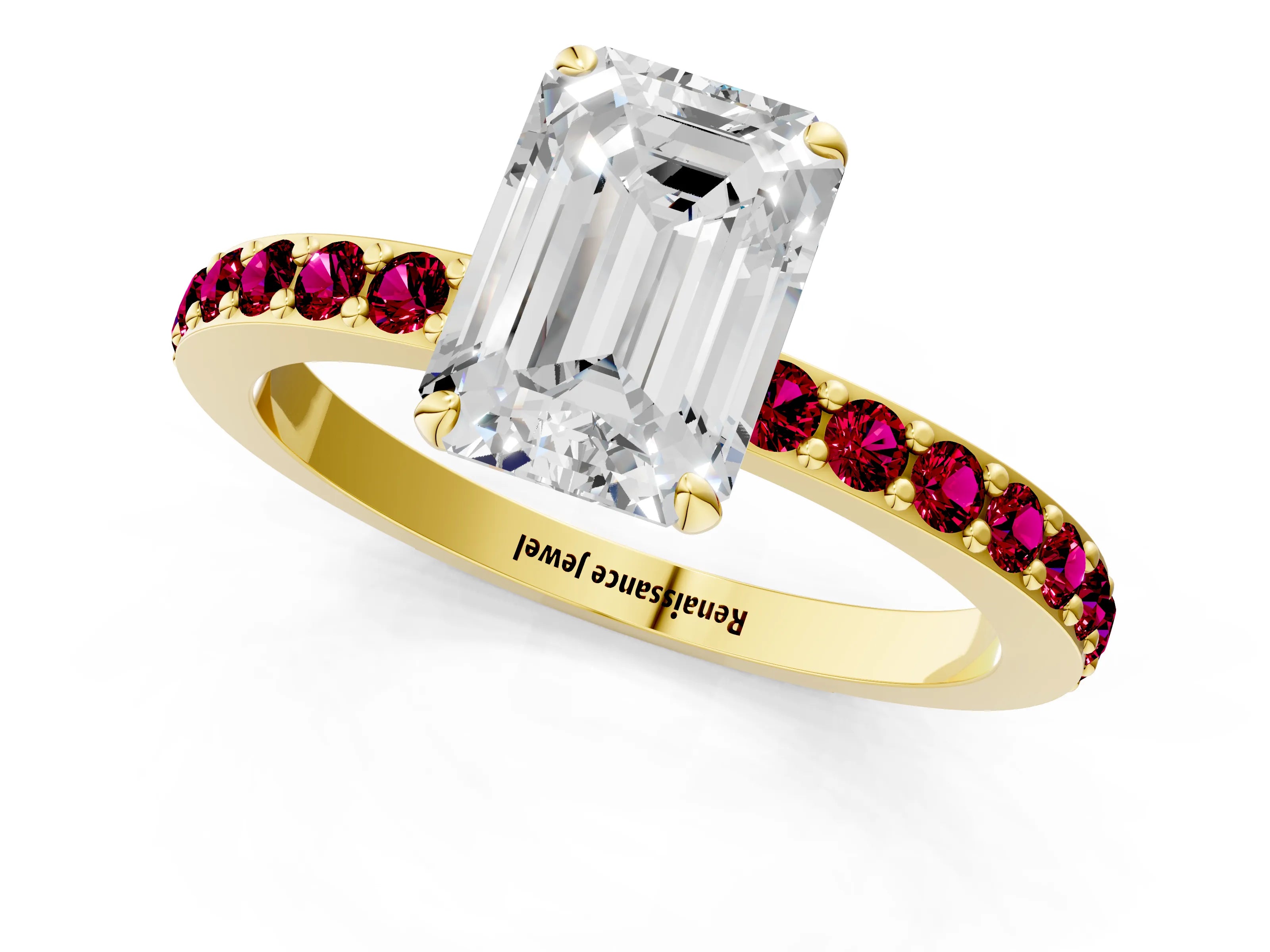 Yellow gold Emerald Cut Diamond Pavé Engagement Ring with Round with Garnet side stone Accents and Prong Setting_1