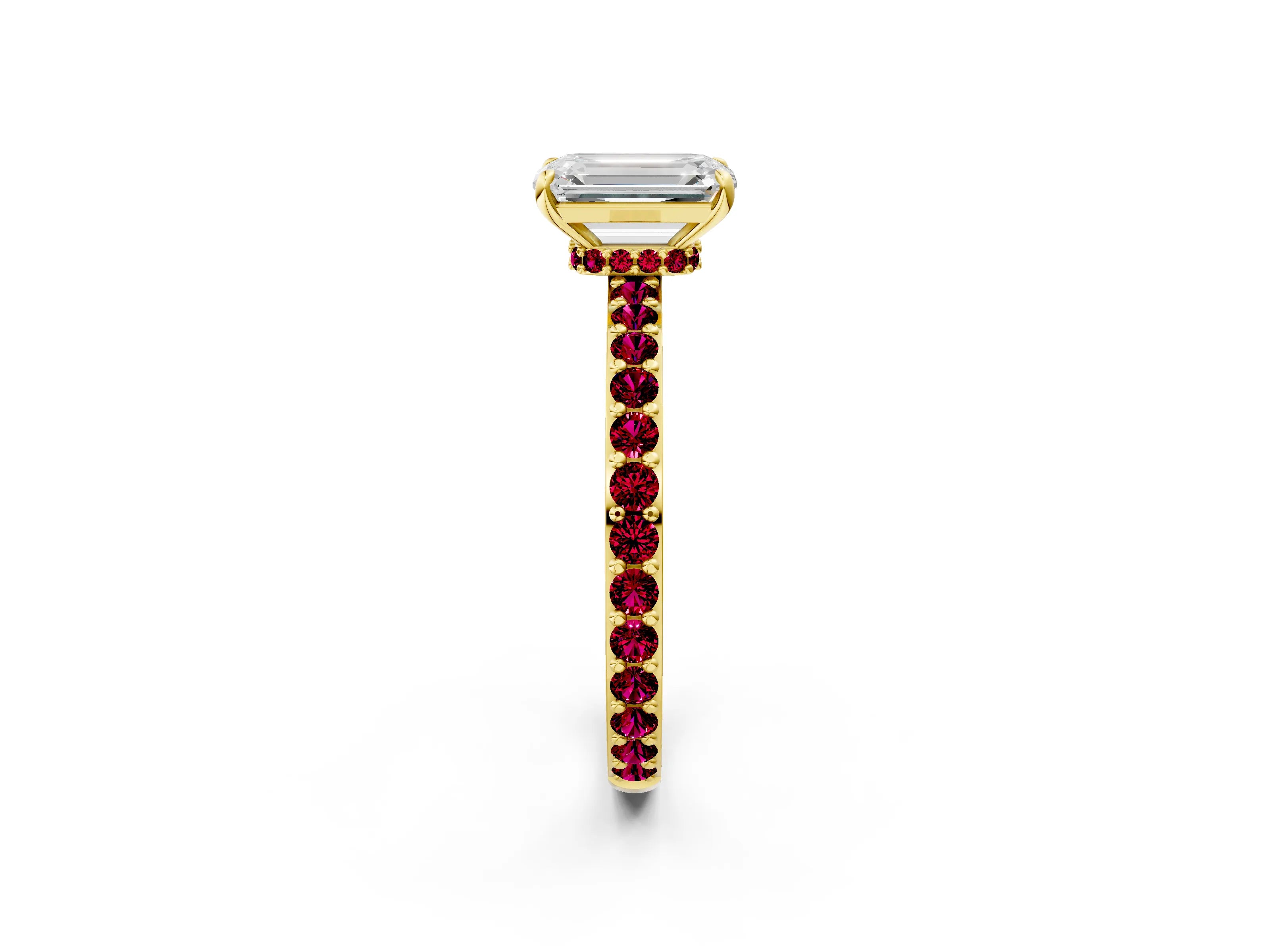 Yellow gold Emerald Cut Diamond Pavé Engagement Ring with Round with Garnet side stone Accents and Prong Setting_2