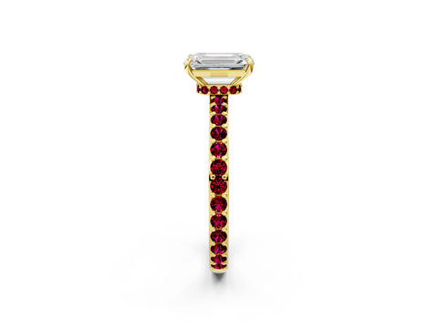 Yellow gold Emerald Cut Diamond Pavé Engagement Ring with Round with Garnet side stone Accents and Prong Setting_2