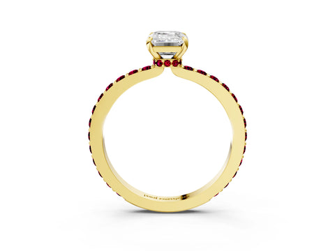 Yellow gold Emerald Cut Diamond Pavé Engagement Ring with Round with Garnet side stone Accents and Prong Setting_3