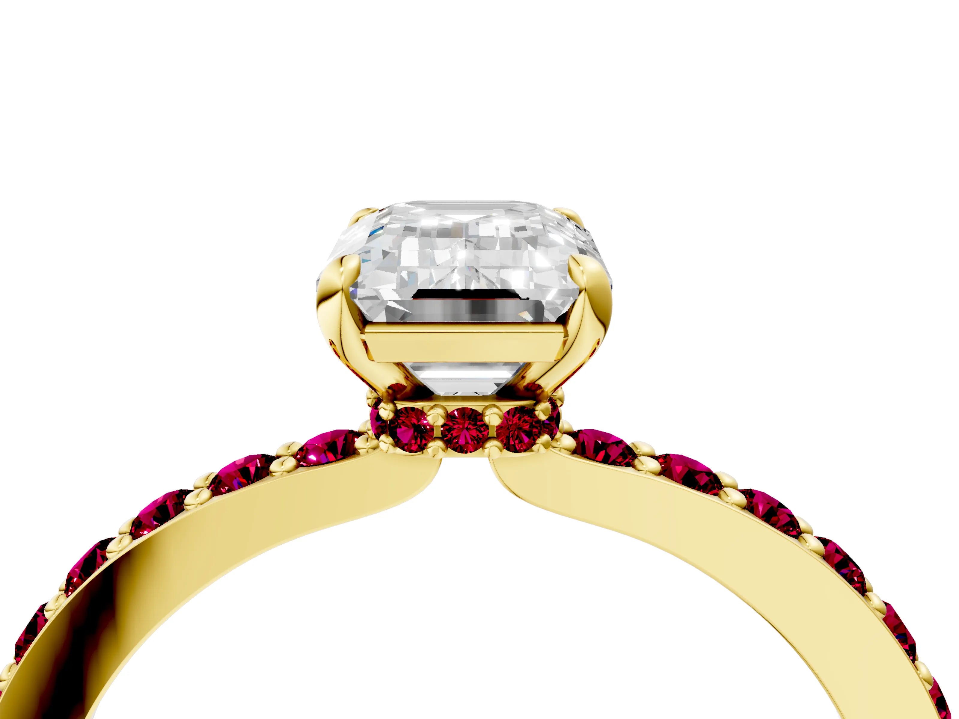 Yellow gold Emerald Cut Diamond Pavé Engagement Ring with Round with Garnet side stone Accents and Prong Setting_4