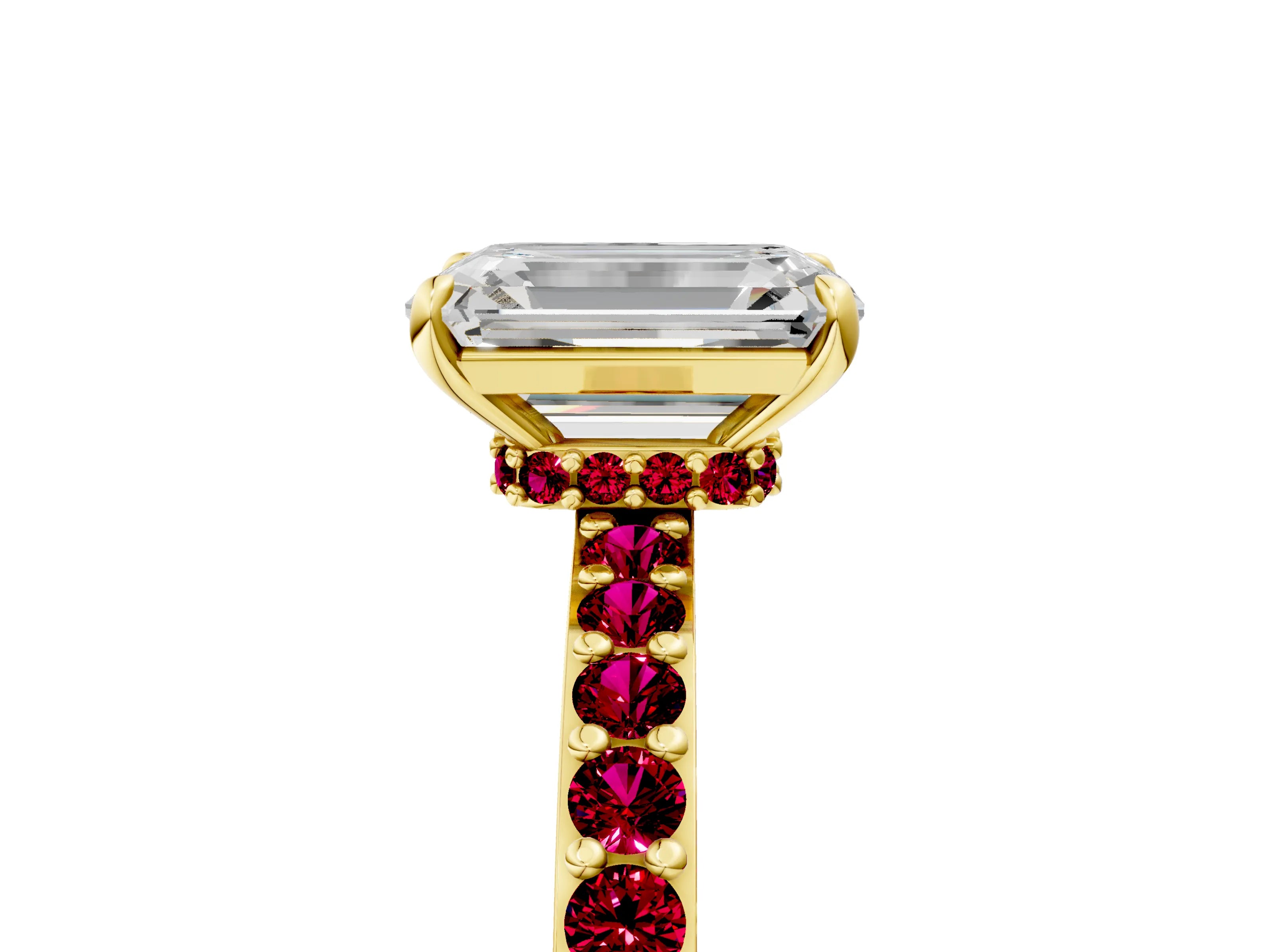 Yellow gold Emerald Cut Diamond Pavé Engagement Ring with Round with Garnet side stone Accents and Prong Setting_5