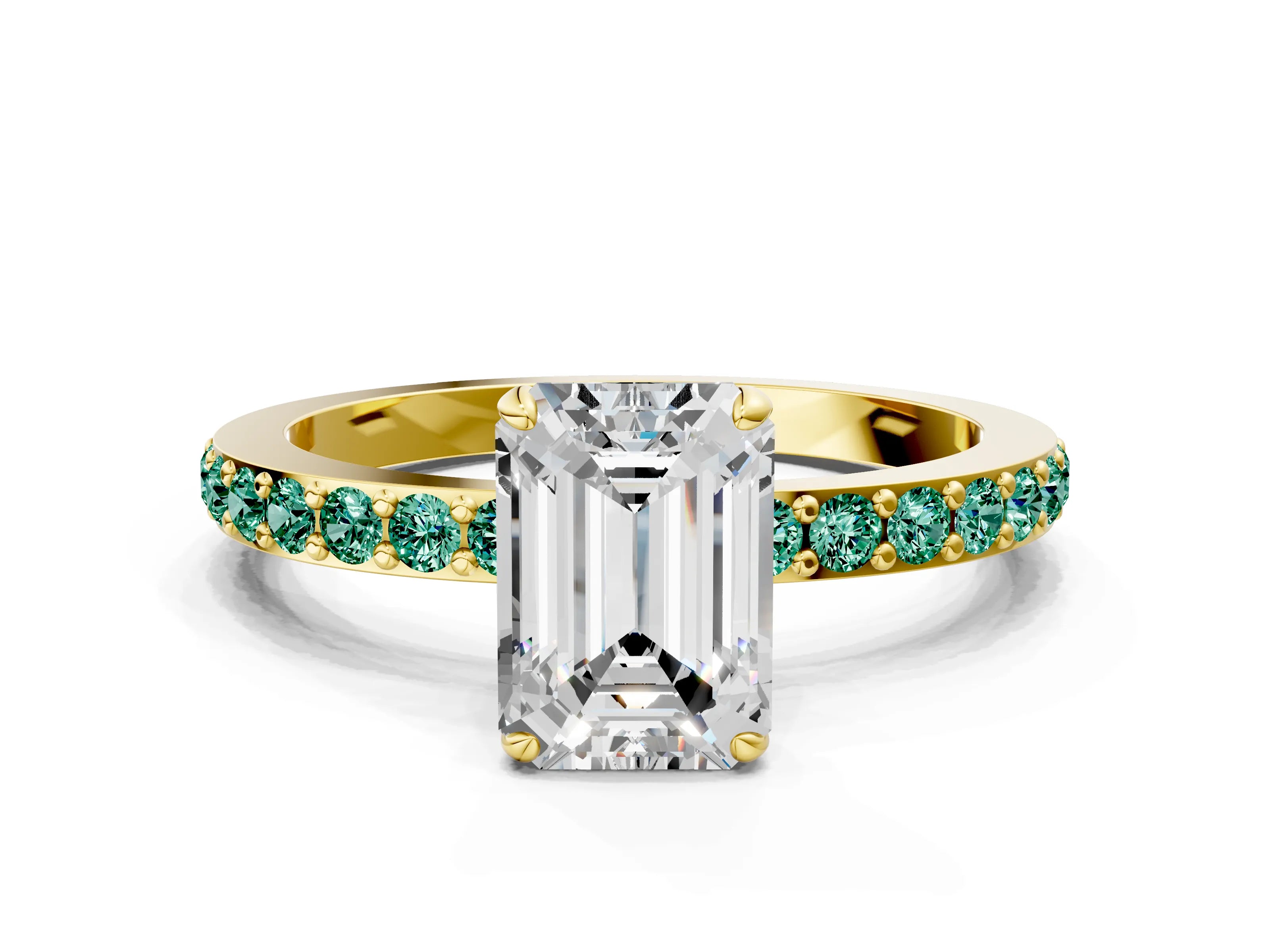 Yellow gold Emerald Cut Diamond Pavé Engagement Ring with Round with Green Sapphire side stone Accents and Prong Setting