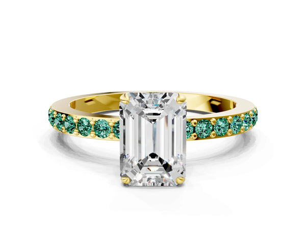 Yellow gold Emerald Cut Diamond Pavé Engagement Ring with Round with Green Sapphire side stone Accents and Prong Setting