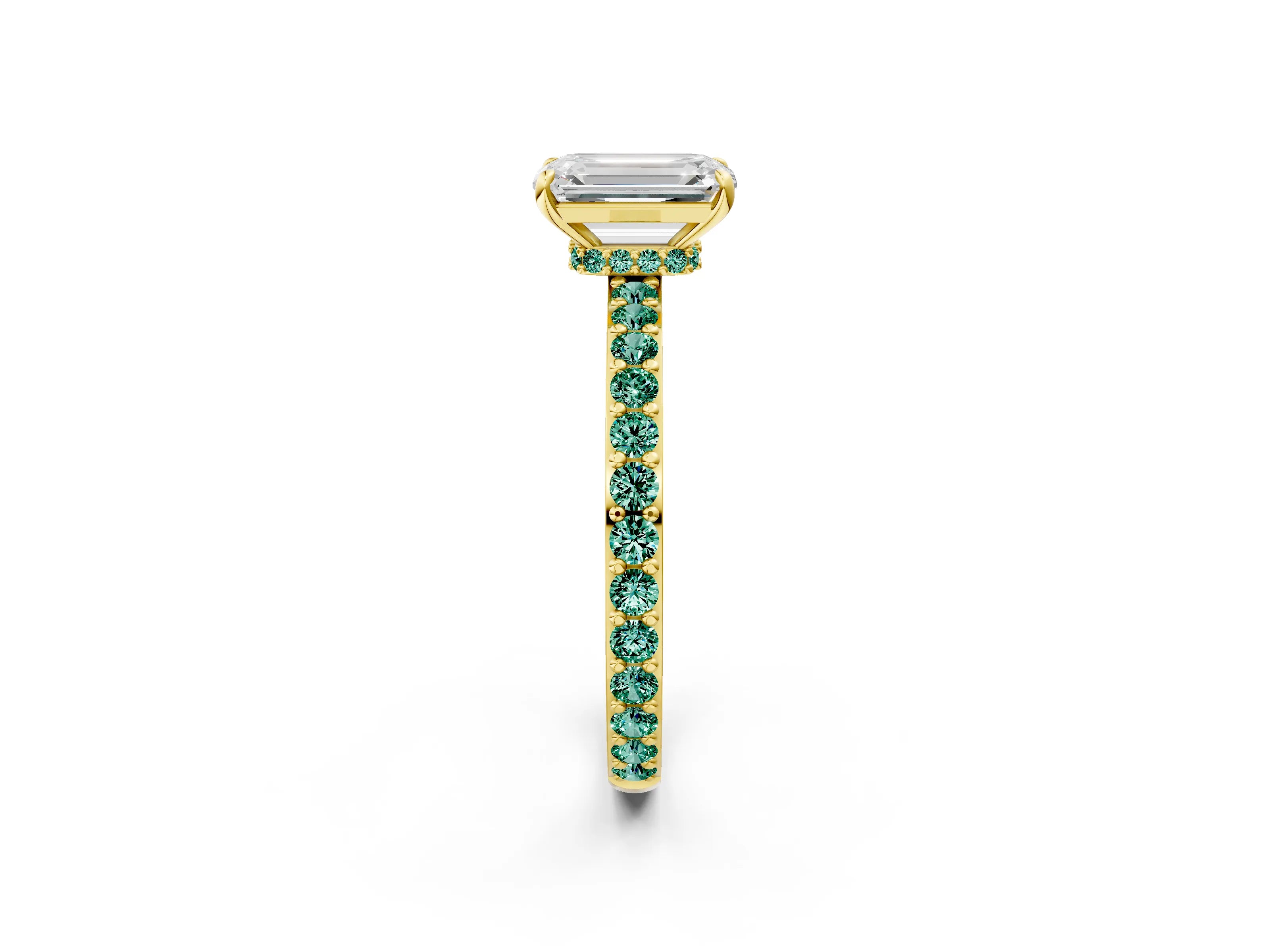 Yellow gold Emerald Cut Diamond Pavé Engagement Ring with Round with Green Sapphire side stone Accents and Prong Setting_2